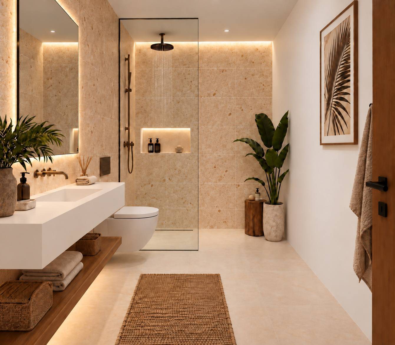 Baño con diseño de spa, piedra natural y ducha efecto lluvia