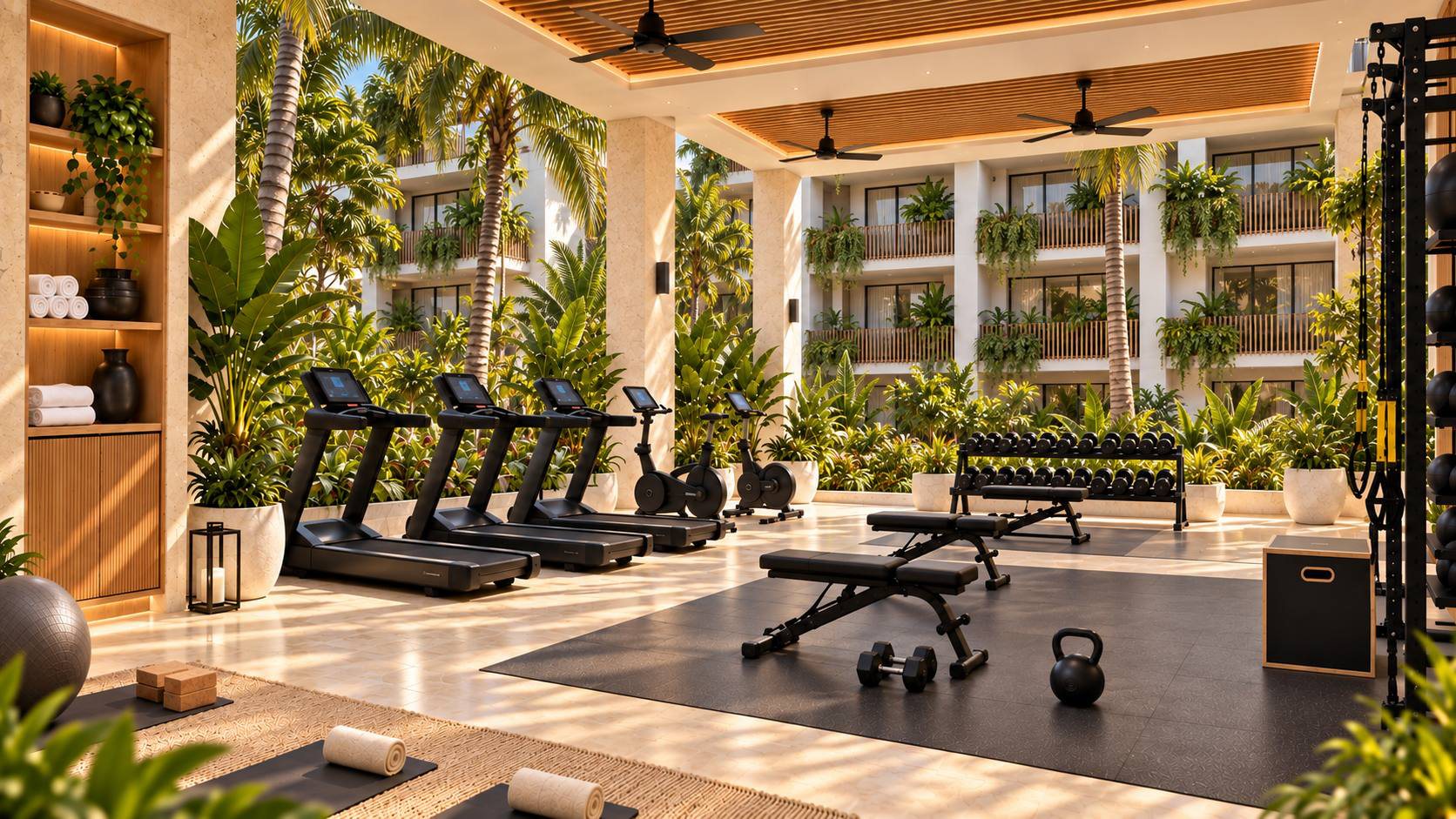 Gimnasio al aire libre bajo pérgola de madera
